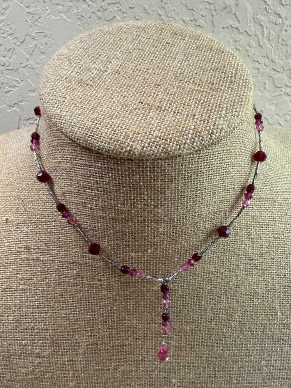 Handcrafted Pink and Burgundy Beaded Y-Necklace sterling 925